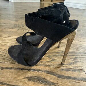 GIUSEPPE ZANOTTI Black Suede Silver Heel Stiletto Sandals Size 35 eu/ 5 us